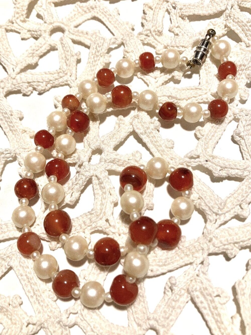 Classic Vintage Red Bead + Faux Pearl Necklace